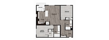 A floor plan of a home with a balcony, living room, kitchen, and multiple bathrooms.