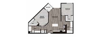 A black and white floor plan of a house with a balcony, two bedrooms, a living room, a kitchen, two bathrooms, and an entry.