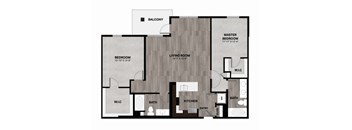 A floor plan of a house with a balcony, two bedrooms, a living room, a kitchen, two bathrooms, and a master bedroom.