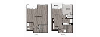 A floor plan of a two-story home with a balcony and a living room.