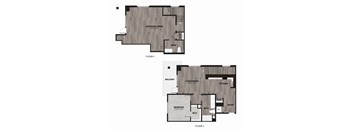 A floor plan of a two-story home with a living/work space on the first floor and a bedroom with a balcony on the second floor.