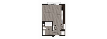 A floor plan of a balcony with a living room, kitchen, bath, and entry.