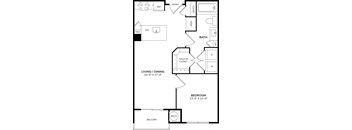 A black and white image of a living and dining room layout.