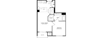 A floor plan of a small apartment with a living room, dining room, kitchen, and bathroom.