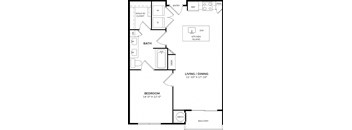 A floor plan of a home with a living room, dining room, bedroom, bathroom, kitchen, and a walk-in closet.