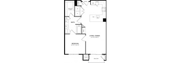 A floor plan of a home with a living room, dining room, bedroom, bathroom, and balcony.
