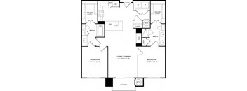 A floor plan of a home with two bedrooms, a living area, and a balcony.