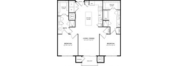 A floor plan of a house with two bedrooms, a living area, a kitchen, a bathroom, a walk-in closet, and a storage area.