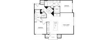 A floor plan of a home with two bedrooms, a living area, and a kitchen.