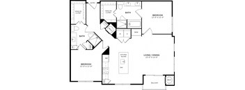 A black and white image of a floor plan for a home with two bedrooms, a living room, a kitchen, a bathroom, a balcony, and a walk-in closet.