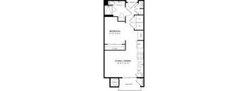 A floor plan of a small apartment with a bedroom, living room, and kitchen.