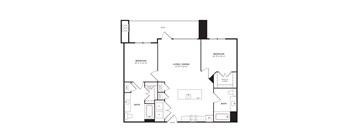 A floor plan of a house with two bathrooms, a living room, and a kitchen.