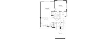 A floor plan of a home with a living room, dining room, and two bedrooms.