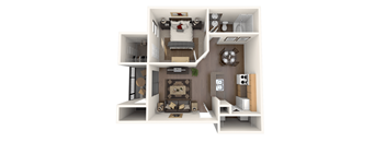 A 3D floor plan of a small apartment with a bedroom, living room, kitchen, and bathroom.