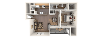 A 3D rendered image of a small apartment layout.