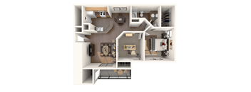 A 3D floor plan of a small apartment with a kitchen, living room, and bedroom.