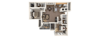 A top-down view of a small apartment with a kitchen, living room, and bedroom.