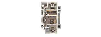 A 3D floor plan of a small apartment with a kitchen, living room, and bedrooms.