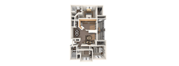 A 3D floor plan of a house with a kitchen, living room, and bedrooms.