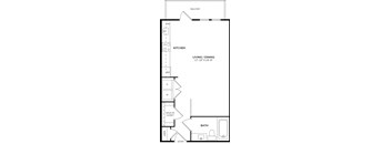A floor plan of a house with a kitchen, living room, and bathroom.