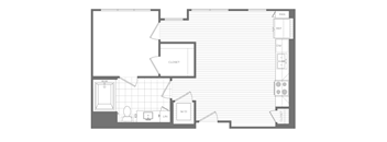 A floor plan of a house with a closet, bathroom, and staircase.