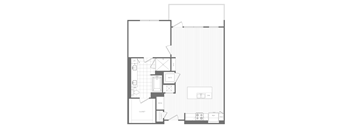 A black and white floor plan of a house with a kitchen, living room, and bathroom.