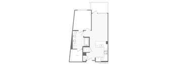 A floor plan of a residence with a living room, dining room, kitchen, and two bedrooms.