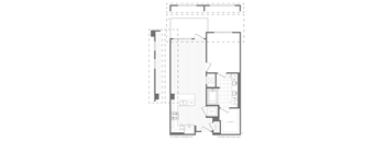 A floor plan of a residence with a living room, dining room, kitchen, and two bedrooms.