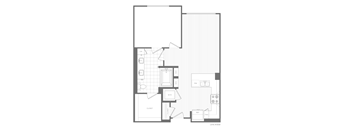 A floor plan of a residential unit with labeled rooms and appliances.