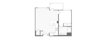 A floor plan of a house with a closet, a bathroom, and a kitchen.