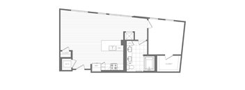A floor plan of a house with two closets, a bathroom, a kitchen, and a living room.