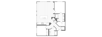 A floor plan of a house with a kitchen, living room, and bathroom.