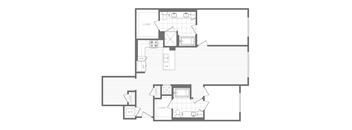 A floor plan of a house with two bedrooms, a living room, a kitchen, and a bathroom.