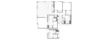 A floor plan of an apartment with various rooms and closets.