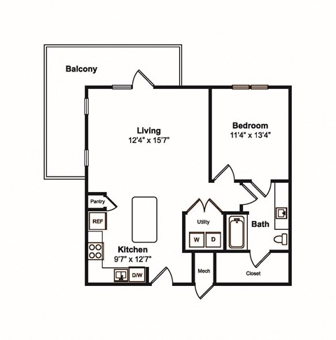 1 Bedroom 1 Bath Floor Plan at Yaupon by Windsor, Austin, 78736