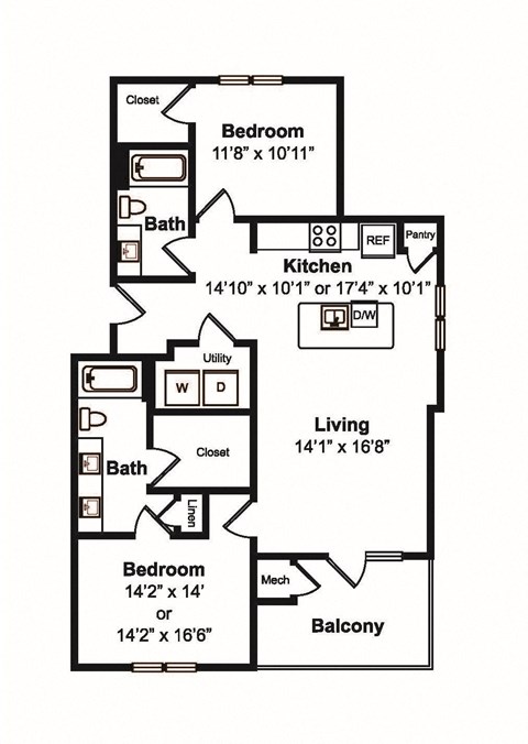 2 Bed 2 Bath Floor Plan at Yaupon by Windsor, Austin, Texas