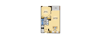 A floor plan of a house with a bedroom, living/dining area, kitchen, and bathroom.