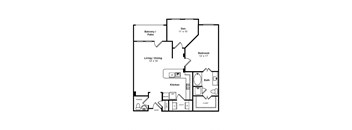 a floor plan of a studio apartment with a bedroom and a living room