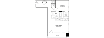 A floor plan of a home with a living room, dining room, bedroom, bathroom, and closet.