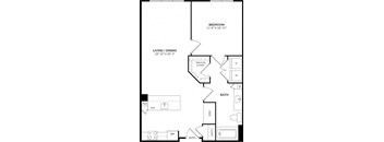 A black and white image of a floor plan for a small apartment.