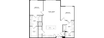 A black and white image of a house floor plan with two bedrooms, a living/dining area, two bathrooms, a walk-in closet, and a laundry area.