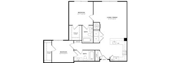 A black and white image of a floor plan for a home with two bedrooms, a living/dining area, and a bathroom.