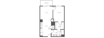 A black and white image of a floor plan for a small apartment.