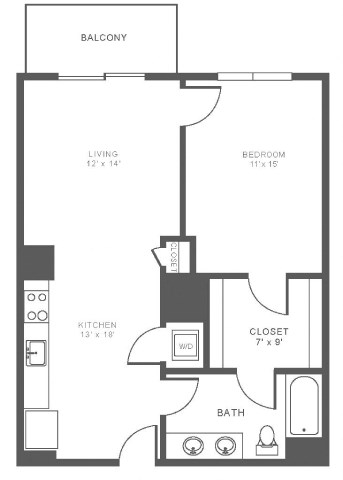A black and white image of a floor plan for a small apartment.