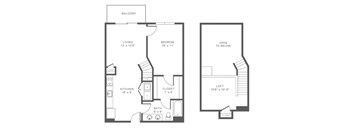 A floor plan of a two-bedroom apartment with a loft.