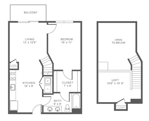 A floor plan of a two-bedroom apartment with a loft.