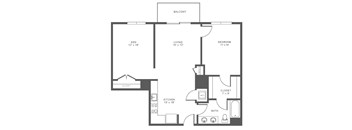 A black and white image of a house floor plan with a den, living room, bedroom, kitchen, bathroom, and two closets.