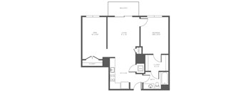 A black and white floor plan of an apartment with a den, living room, bedroom, kitchen, and bathroom.