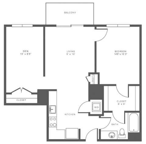A black and white floor plan of an apartment with a den, living room, bedroom, kitchen, and bathroom.