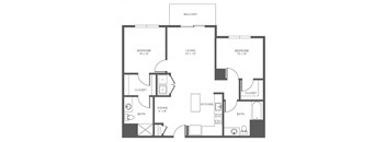 A black and white image of a house floor plan with three bedrooms, a living room, a dining room, a kitchen, two bathrooms, and a balcony.